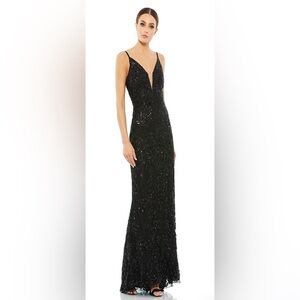 Mac Duggal Black Beaded V-Neck Maxi Gown